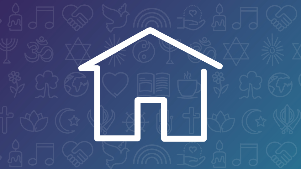 white outline house image on gradient blue background containing religious and wellbeing symbols